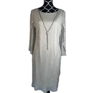 Prelude Gold Metallic Shimmer Split Sleeve Necklace Cocktail Shift Dress Size 10